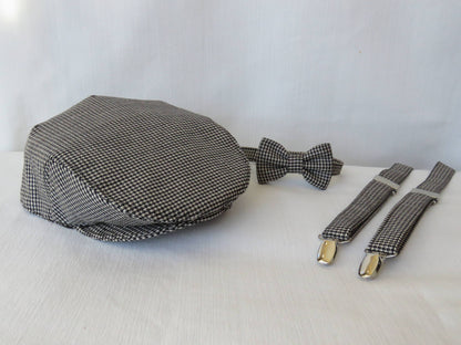 Black and White Flat Cap Bow Tie Suspenders Set-Taylors Tartans