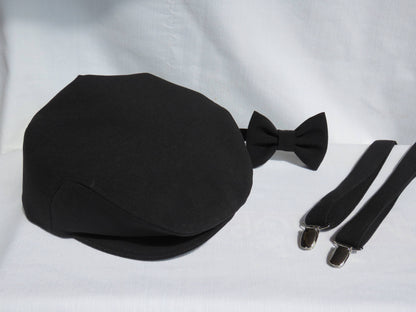 Black Newsboy Hat, Suspenders and Bow Tie Set-Taylors Tartans