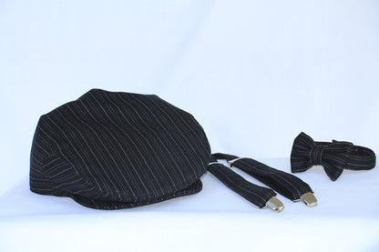 Black with Cream Pinstripe Newsboy Cap Suspenders Bow Tie-Taylors Tartans