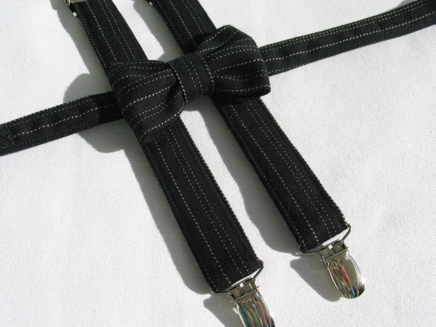 Black with Cream Pinstripe Hat Suspenders Bow Tie