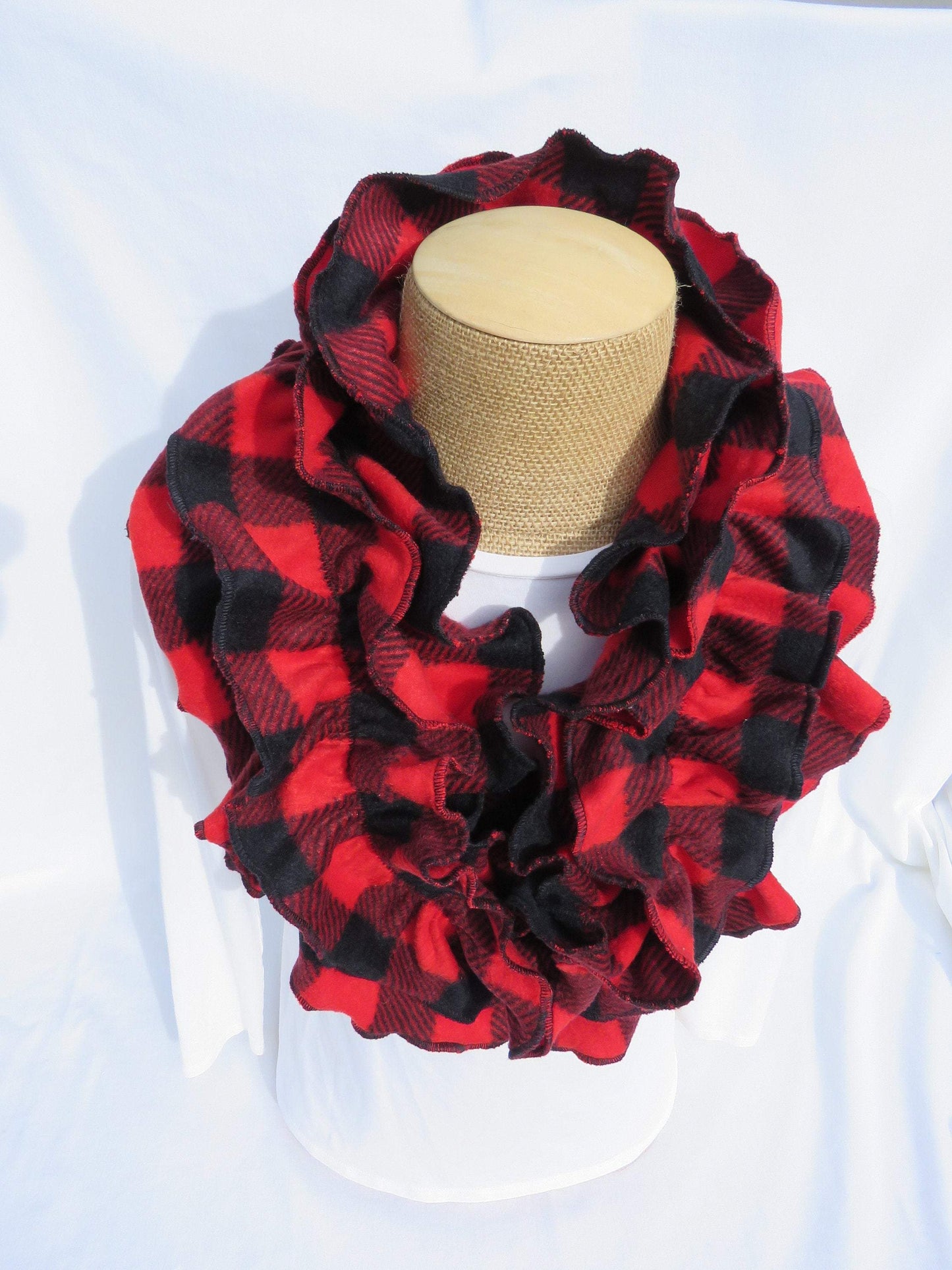 Fleece Buffalo Check Ruffle Infinity Scarf